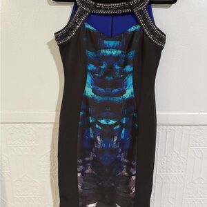 Signature by Sangria Black Dress with Blue Teal Pattern and Studded Neckline